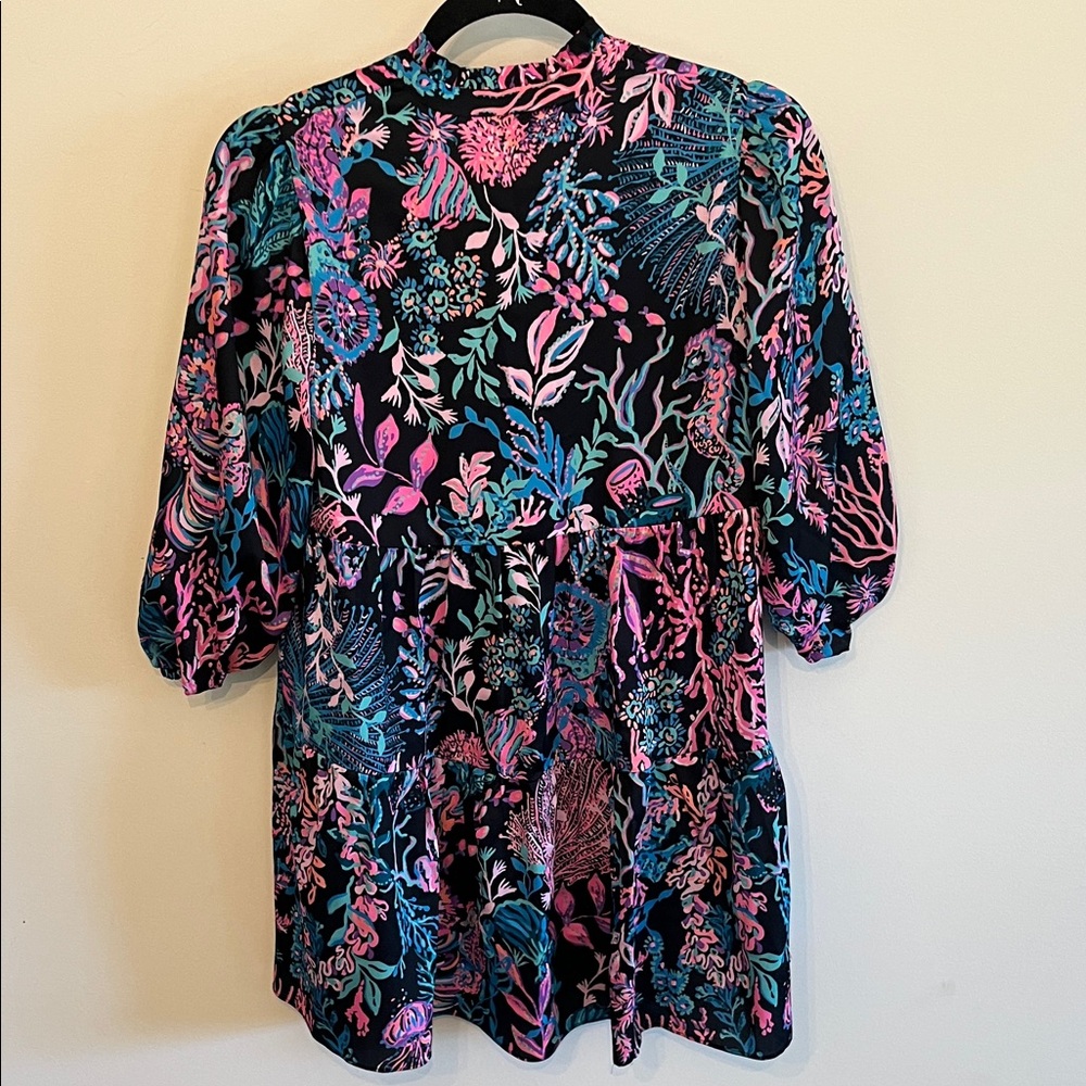 Lilly Pulitzer Black Mini Dress with Pink & Teal Floral Print - Picture 6 of 7